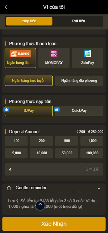 cách nạp tiền vào Bj38.app